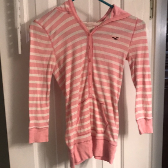 Pink and White Striped Hollister Hoodie - Picture 1 of 4